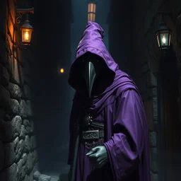 medium shot, acolyte sorcerer, ( ( ( in a purple magician robe ) ) ), with a black bird mask, dark alley, cinematic lighting dark fantasy matte painting by alex horley, trending on artstation
