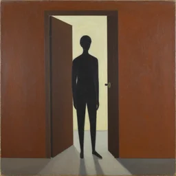 A painting of person standing in a doorway, abstract painting in the style of Sophie Taeuber-Arp and Gary Hume and Tatsuro Kiuchi, flat colour-block style, geometric abstraction, deep earthy colours