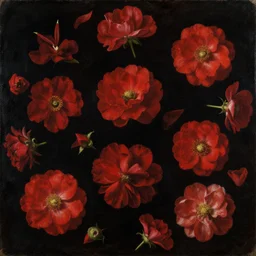 oil painting of many various red flowers on a black background, painted by Sandro Botticelli, the flowers are floating, dark atmosphere, realistic flowers oil painting