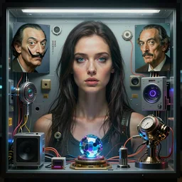 beauty woman, full pallet image, Blade runner artifacts, electronic case display, tesseract, cyberpunk tech, ultrarealistic, futuristic, three point lighting, dramatic lighting, electrical details, high details, 4k, 8k, best, accurate, trending on artstation, artstation, photorealism, ultrarealistic, digital painting, style of Peter Mohrbacher, Caravaggio, Dali, Boris Vallejo, Hajime Sorayama