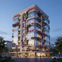multistory building, full of flowers, glass openings, housing architecture, classical architecture, blue hour, archviz, cgi, trending on artstation, architecture visualization, corona renderer, unreal engine, ray tracing, cinematic