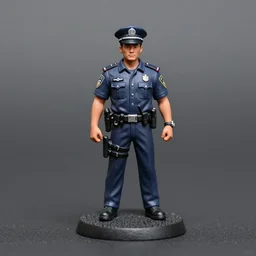 80mm resin detailed miniature of a cop, full body, ear, shoes, police cap, Logo, textured base; Miniature Product Photos, 4K, view from front