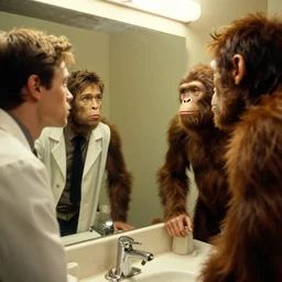 ultra wide angle photo of young william hurt dressed as dr. eddie jessup, from altered states, looking at himself in a bathroom mirror and seeing his reflection as a hairy australopithecines like ape version of himself