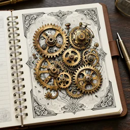 extremely detailed illustration render high tech steampunk clockwork gears eerie stylized digital notebook doodles drawings musings art deco with art deco filigree scrollwork 8 k render