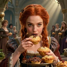 highly detailed closeup portrait of a fairytale medieval princess eating meat pies, stephen bliss, unreal engine, greg rutkowski, ilya kuvshinov, ross draws, tom bagshaw, tom whalen, alphonse mucha, nicoletta ceccoli, mark ryden, earl norem, global illumination, god rays, detailed and intricate environment