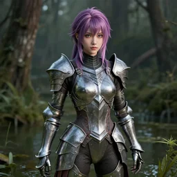 real photograph of a hyperrealistic ultradetailed anime girl dressed in metal armor, physically textured, photoreal skin material, surrounded by swamp, high res, shadow mapping, made by wlop, trending on artstation, lgbt hair, 3 d, overrendered, lifelike human, k - pop person, unreal engine 5, blender, extremely immersive, sharp focus