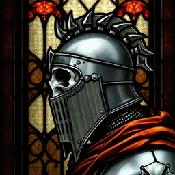 side - view portrait of a knight, skull helmet with spikes on top, stained glass window, very masterful