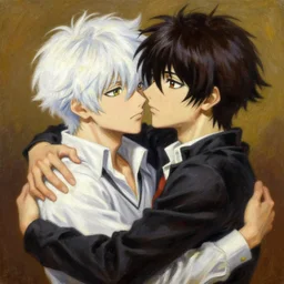 an oil painting of [ nagito komaeda and hajime hinata from danganronpa ], painted by [ pierre auguste cot ], very romantic, beautiful textures, dynamic lighting, couples painting, warm embrace, [ two japanese young men ], one with white fluffy hair and the other with dark spiky hair, [ realistic and detailed ]