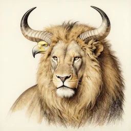 human - eagle - lion - ox portrait. horns. beak. mane. drawn by da vinci