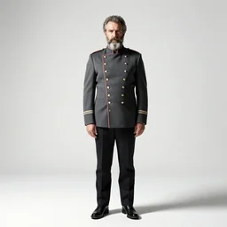 grizzled doorman in uniform, cinematic studio photo, full body, standing, isolated on a pure white background, centered, whole figure in frame, sharp focus, studio lighting