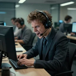 ict helpdesk supporter ragequiting his job, highly detailed, cinematic wallpaper by s artgerm