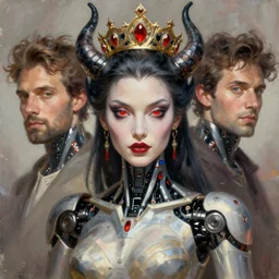 attractive demon queen with crown and red eyes as an i robot, painting by gaston bussiere, craig mullins, luis rollo, torso portrait, digital painting, highly detailed, artstation, sharp focus, illustration, concept art, hd
