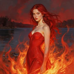 emily rajtkowski, lake, red, flames everywhere, highly detailed, digital painting, artstation, concept art, smooth, sharp focus, illustration, art by artgerm and greg rutkowski and alphonse mucha