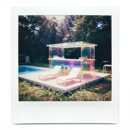 a pastel coloured polaroid photo of a sun lounger on a platform next to a pool bar, both made of transparent iridescent perspex stood centrally in a field, beams of light, nostalgic