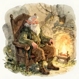 dramatic light volumetric light hobbit knome elf whimsical fantastical a muted color watercolor sketch of a old man sitting in big chair next of a fireplace in his whimsical fantastical hobbit house living room surrounded by stacks of books from a whimsical fantastical story book character ifrom the book Baltimore & Redingote by Jean-Baptiste Monge of an old man in the style of by Jean-Baptiste Monge that looks like its by Jean-Baptiste Monge and refencing Jean-Baptiste Monge
