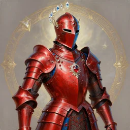 rococo style painting of crimson full plate armor with azure blue lining and studded with rubys worn by elven king, impressive helmet, magic, enchanted, intricate, crystal, 8 k, artstation trending, masterwork