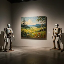 photos of landscapes, in a decrepit art gallery, painted on by robots! dramatic lighting