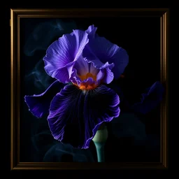 black, ultraviolet smoke from it reflects the stunning beauty of a large velvet black iris flower. fantasy. complex details. gold frames