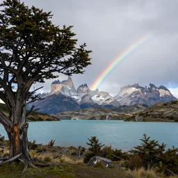 beautiful landscape photography by marc adamus, patagonia, a lake, a tree in the foreground, full rainbow, canon 5 d, ultra wide angle