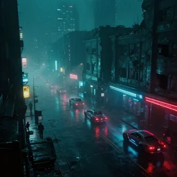 foggy ciberpunk street, futuristic vehicles, night, nightclubs, lights and rain, masterpiece, blue green and red lights, ruined club, sprawl, artstation, blade runner