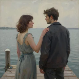 apocalyptic by guido borelli da caluso. a beautiful mixed mediart of a man & a woman are standing on a dock, looking out at a body of water. the woman has her hand on the man's shoulder, & they appear to be deep in conversation. the colors in the mixed mediart are muted, & the scene has a calming feeling.