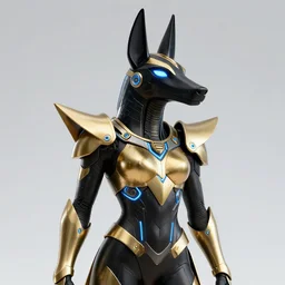 woman wearing a black and gold cybertech anubis armor. angular, pointy hidari, blue neon lights, color page, tankoban, 4 k, tone mapping, akihiko yoshida.
