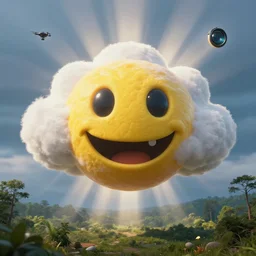 fantastical vibrant bulbous weird!!! smiley face emoji shaped cloud with holes for eyes and mouth, in a nature scene by marc adamus, high definition, rays of light breaking behind the emoji, drone camera lens orbs, 3 point lighting, highly detailed larval stage, natural color scheme, photo still from movie by denis villeneuve
