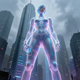 gigantic holographic female standing beside a skyscraper, rainy, cyberpunk, blade runner, futuristic, intricate, sharp focus, lens flare, bloom, illustration, highly detailed, digital painting, concept art, matte, art by ruan jia and wlop and greg rutkowski, masterpiece