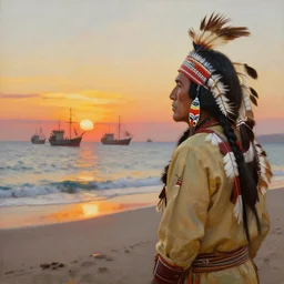 native american man on the beach stares at a fleet of european ships in the distance at sunset painting