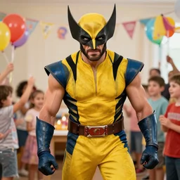 wolverine as a clown at a kid's birthday party, realistic.
