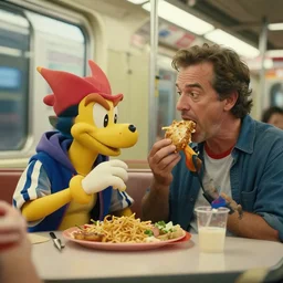 spyro eating at a subway on the 4 th of july with eugene levy, tilt shift