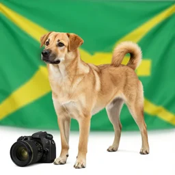 a light brown dog stands in front of a green an yellow flag | photot | dslr | nikon lens | HD