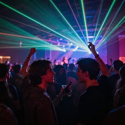 two friends partying at a concert in a crowd and lasers, surrealism, modern