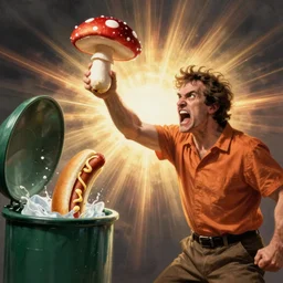 angry man throws a mushroom - shaped hotdog in the trash