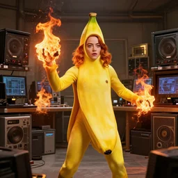 character art by ruan jia, emma stone wearing a banana suit and wearing a banana head, on fire, fire powers, room filled with computer equipment