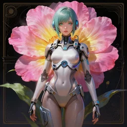 an athletic humanoid girl with a flower, cyberpunk 2070, synthwave, highly detailed, digital painting, artstation, concept art, sharp focus, illustration, art by artgerm and greg rutkowski and alphonse mucha