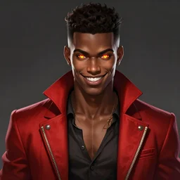 a highly detailed illustration of attractive top cut haired african guy wearing red jacket, flaming eyes, dramatic smile pose, intricate, elegant, highly detailed, centered, digital painting, artstation, concept art, smooth, sharp focus, league of legends concept art, wlop