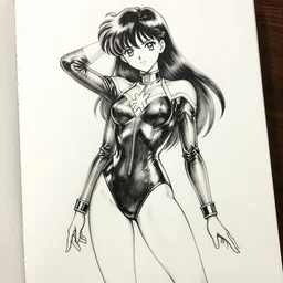 beautiful aesthetic inspirational masterful professional ink pen liner sketch of a 1 9 9 0 s anime japanese girl posing in latex leotard, marvel style, concept art, fine details, trending on artstation, high quality paper, instagram photo, calarts