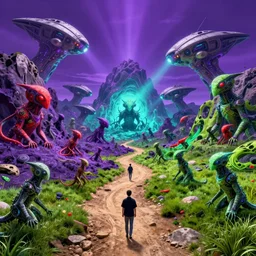 rocky ground with a dirt path, and grass surrounding it, xenorphs part of the ground, organic alien ships attack the ground from the sky, john howe, liam wong, highly detailed, vibrant and vivid, giger, purple, aquamarine, hunter green, crimson, sentient ai's wandering the landscape, contrast, bright lights,