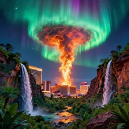 las vegas strip being destroyed by an intergalactic fire tornade during rgb season on an interstellar aurora borealis of waimea canyon, diamond waterfalls, lush, by peter mohrbacher, james jean, james gilleard, greg rutkowski, rule of thirds, octane render, beautiful