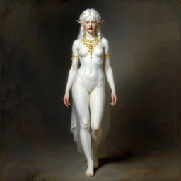 classical painting of full body character, elf girl with soft white skin and gold eyes, flattering hair, golden jewelry on red lips, hyper detailed