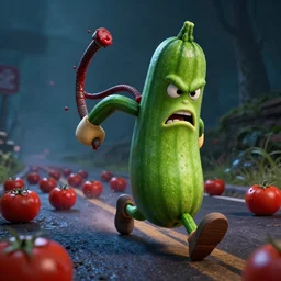 detailed 3 d render of an angry furious zucchini ninjawith a bloody nunchacku in his hand running down the road after a group of tomatoes scared to death, hyper realistic octane render, dramatic lighting, dark mood, nightmare, surrealism, pixar, disney, cartoon