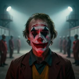 a cinematic headshot portrait of an emotional middle aged male clown prison yard, fog filled, spotlights shine down from the watchtowers, perfectly lit face, ultra realistic, depth, beautiful lighting, red glow, ephemeral, detailed