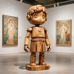 octane render ultra photorealistic hyper detailed, a very very cute wooden mystical statue robot of the roman natural in a contemporary art gallery in neo tokyo artwork by alphonse mucha greg rutkowski