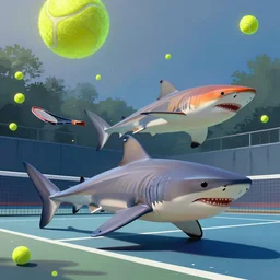 colorful sharks playing tennis, digital art, artstation trending, digital painting