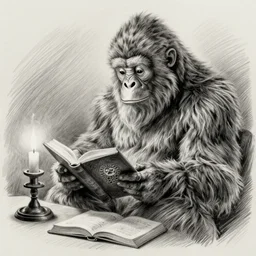 expressive detailed pencil drawing of a scholarly yeti reading ancient books by candlelight