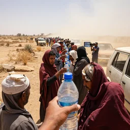a first person view of people in rags waiting in long queues to fill their water bottles, rusty objects and vehicles, sparse dried vegetation, record hot heatwave, blinding sun, dust storm in the horizon, reporter, live footage, canon 3 5 mm lens