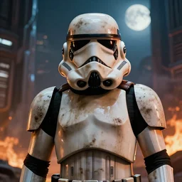 film still from the force awakens a telephoto head shot portrait of star wars dirty!! filthy!! grimy storm trooper in a science fiction, cyberpunk city, smoke, fire, volumetric lighting, glamour pose, rim lighting, moonlit, thomas kinkade, ralph mcquarrie, greg rutkowski, octane, 8 k