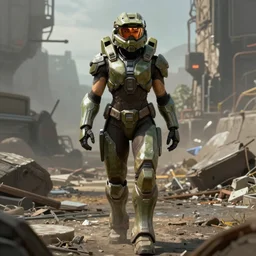 a female body builder walking in a cyberpunk wasteland facing the camera, mjolnir armor from halo infinite, no helmet!!!!, attractive female face!!!, enhance face, ultra realistic, very highly detailed, 8K, horizon zero dawn, halo infinite!!, octane render, Digital painting, concept art, illustration, sharp focus, centered, good value control, realistic shading, rational painting