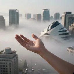 arm reaching out of thick fog, busy city in background, round buildings in background, smooth architecture, organic, sophisticated, zdzislaw beksinski, architecture of frank lloyd wright, zaha hadid, norman foster